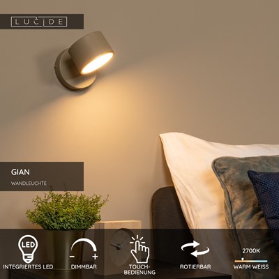 Lucide GIAN - Wandleuchte - LED Dim. - 1x9W 2700K - Taupe